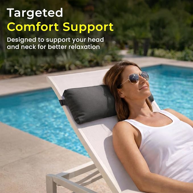 Sunbrella Headrest/Lumbar Pillow with Velcro Strap for Lounge, Charcoal | Outdoor Pillow for Chaise Loungers, Pool Chairs & Patio Furniture, 18" x 8" x 3"