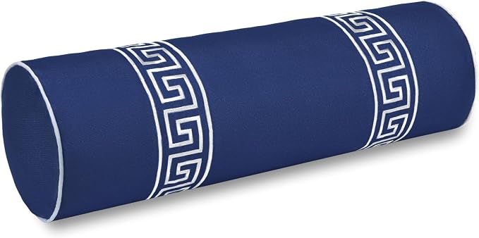 Hofdeco Premium Coastal Hampton Patio Indoor Outdoor Bolster Pillow Cover Only, 8"x24" Water Repellent for Backyard, Couch, Poolside, Navy Blue Embroidered Greek Key