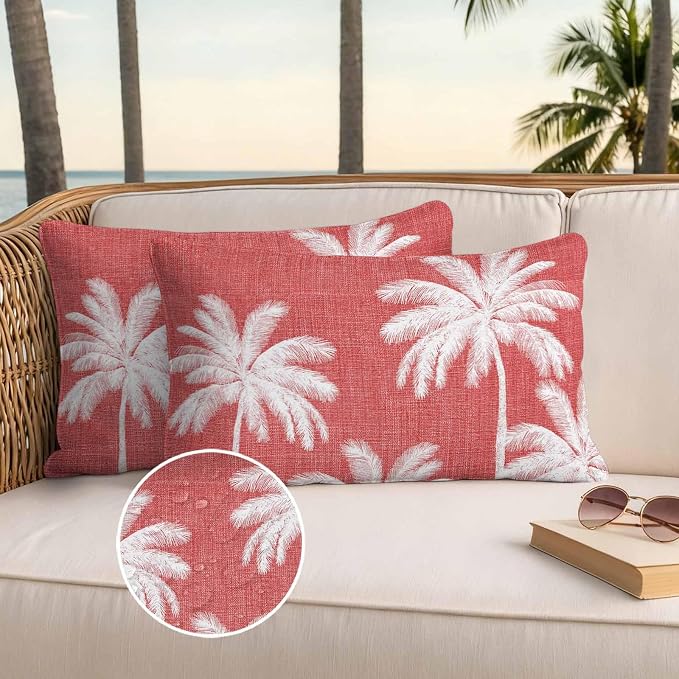 Lumbar Pillow Covers 20x12 Inch Set of 2, Coral Red Palm Trees Waterproof Outdoor Pillow Covers, Farmhouse Tropical Summer Beach Decorative Cushion Pillowcases for Couch, Sofa, Bed, Garden, Patio