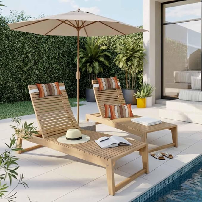 Country Orange Brown Wood Grain Outdoor Pillow for Chaise Lounge Chair,Rustic Wooden Plank Waterproof Headrest Lumbar Pillows with Insert&Elastic Strap for Patio Pool Garden Chairs Decor