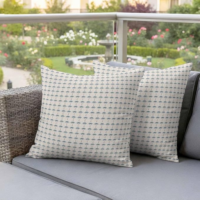 Palm Trees Outdoor Pillow Covers 26"x26" Set of 2, Summer Vintage Nautical Coastal Beach Ocean Blue Tree Waterproof Throw Pillow Covers for Patio Furniture, Decorative Cushion Covers for Porch