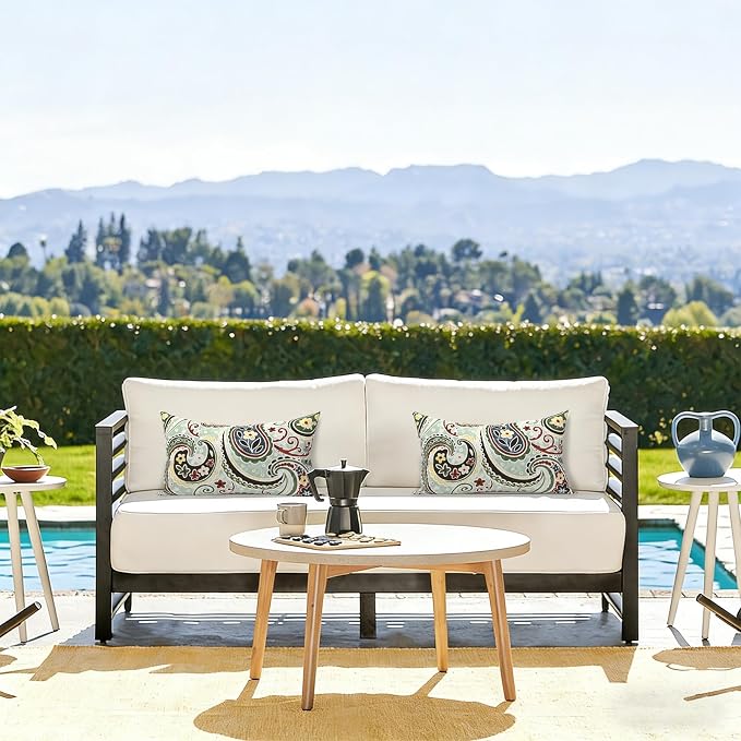 LVTXIII Outdoor Lumbar Pillow Covers Only Set of 2 Patio Decorative Pillow Cases, Water Repellent Lumbar Cushion Cases for Sofa, Patio Couch Garden Use, 12x20 Inch, Paisley Lightcyan