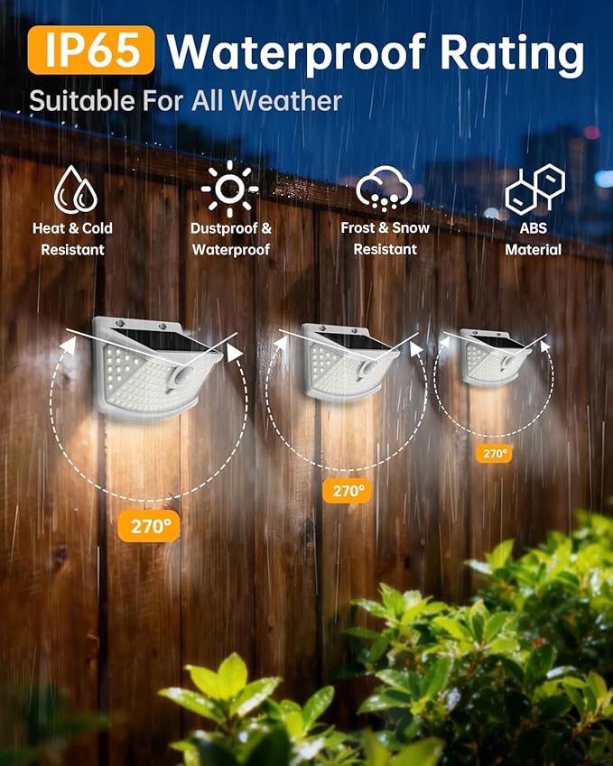 Aootek Solar Motion Sensor Lights Outdoor 120 LEDs, White, 2 Pack | Lights Reflector, 270° Wide Angle, IP65 Waterproof, Step Lights For Front Door, Yard, Garage, Deck