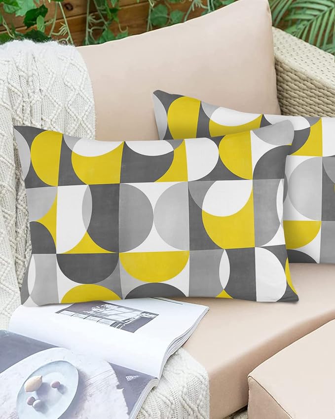 Vandarllin Outdoor Throw Pillows Covers 20x12 inch Set of 2 Waterproof Mid Century Geometric Decorative Zippered Cushion Covers for Patio Furniture, Abstract Modern Yellow Gray Lumbar Pillowcases