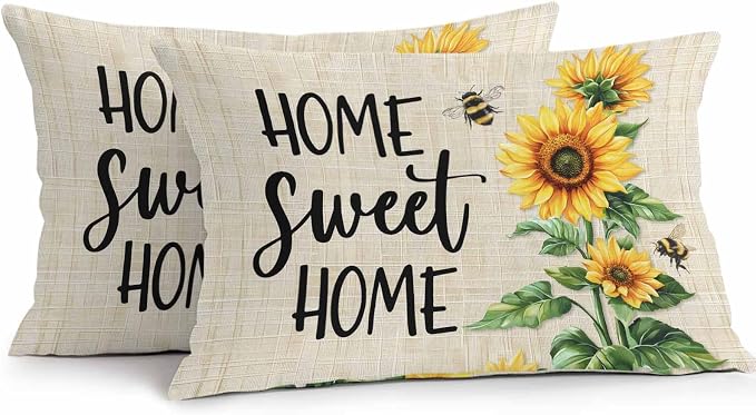 Lumbar Pillow Covers 20x12 Inch Set of 2, Spring Sunflowers Waterproof Outdoor Pillow Covers, Bee Beige Farm Country Rustic Decorative Cushion Pillowcases for Couch, Sofa, Bed, Garden, Patio
