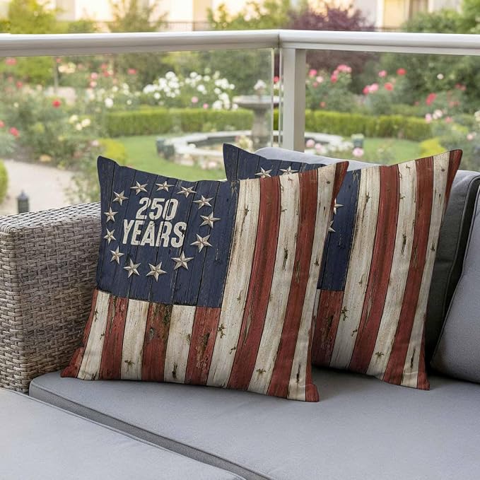 250 Year Anniversary USA Outdoor Waterproof Throw Pillow Covers 20"x20" Set of 2, 4th of July Vintage Wood Decorative Garden Pillowcase with Zipper Cushion Case for Patio Couch Tent