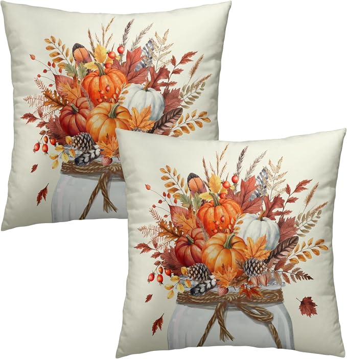 Fall Throw Pillow Covers 16x16 Inch, Set of 2 Orange Pumpkin Flowers Square Pillowcases Cotton Cushion Cover for Living Room Bedroom Couch Sofa Farmhouse Home Decor