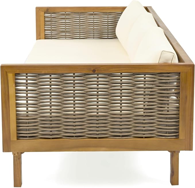 Merax Outdoor Acacia Wood Conversation Set, 3-Seat Loveseat Sofa w/Coushion and Round Coffee Table for Backyard, Patio Furniture, Teak+Beige