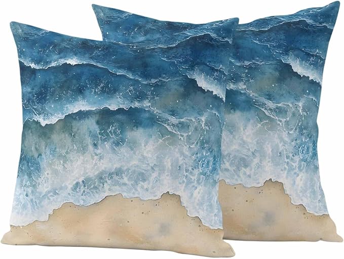 Abstract Waves Outdoor Waterproof Throw Pillow Covers Set of 2, 16"x16", Blue Ocean Spray Beach Watercolor Decorative Pillow Covers Outside Cushion Case for Patio Porch Garden