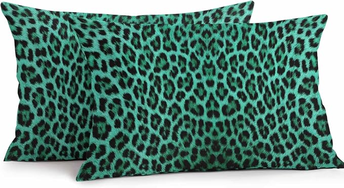 Vandarllin Outdoor Throw Pillows Covers 20x12 inch Set of 2 Waterproof Green Leopard Print Decorative Zippered Cushion Covers for Patio Furniture, Retro Animal Fur Pattern Lumbar Pillowcases