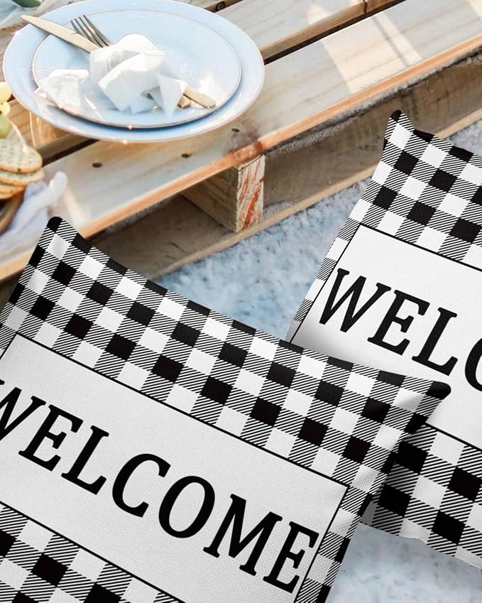 Outdoor Waterproof Pillow Covers for Patio Furniture Black Buffalo Check Plaid Decorative Throw Pillow Cover Welcome Pillowcases Set of 2 Cushion Case for Sofa Couch Chair Home Decor 18x18 inch