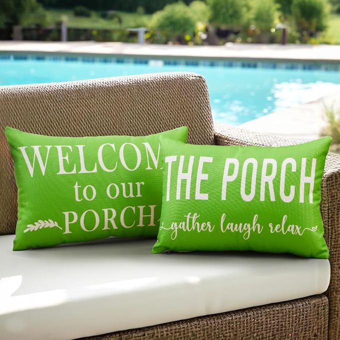 Porch Decor Green Outdoor Lumbar Pillow Covers Waterproof 12x20 for Patio | Set of 2, Patio Decor, Porch Pillows, Outdoor Pillows Waterproof, Outdoor Pillows for Patio Furniture, Weather Resistant