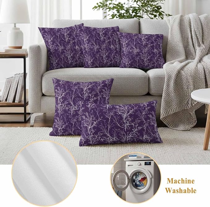 Purple Branches Waterproof Outdoor Pillow Covers Set of 2 Home Decor, Abstract Art Leaves Plant Pillowcase Patio Pillow Covers for Couch Bench Patio Furniture Garden 26x26in