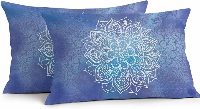 Vandarllin Outdoor Throw Pillows Covers 20x12 inch Set of 2 Waterproof Blue Boho Floral Decorative Zippered Cushion Covers for Patio Furniture, Bohemian Flower Lumbar Pillowcases
