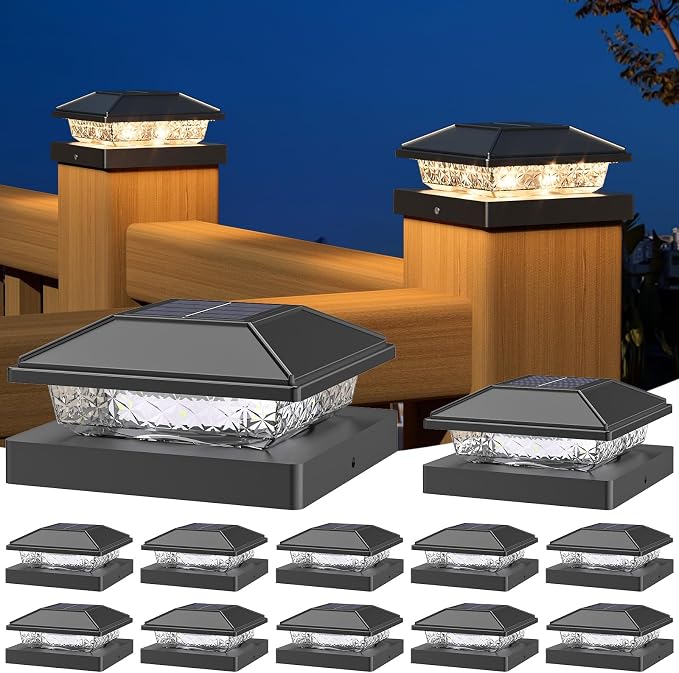 Solar Post Cap Lights,4x4 Post Solar Light,Warm White,12 Pack Black | Fence Post Solar Lights for 4x4 Post Caps Wood Vinyl, IP64 Waterproof Solar Post Lights Outdoor, Solar Deck Post Lights