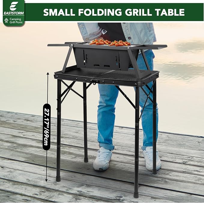 E EASTSTORM Folding Grill Table for Outside, 3 Height Adjustable,Small Camping Table with Black Metal Mesh, Portable Outdoor Table for Picnic BBQ, Garden, Patio, Tailgate & Travel