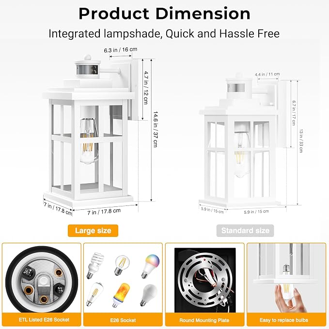 Large White Outdoor Wall Lights, Motion Sensor Porch Light Outdoor, Dusk to Dawn Outdoor Light Fixtures, Waterproof Outside Lights for House, Garden, Front Porch, Tempered Glass, Anti-Rust