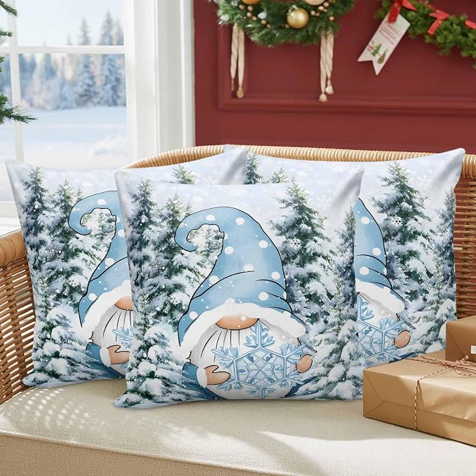 Christmas Gnome Outdoor Pillow Covers Set of 2, Xmas Blue Snowflake Decorative Waterproof Throw Pillowcase Winter Snowy Pine Forest Cotton Linen Soft Cozy Cushion Cover Pillowsham 16x16In