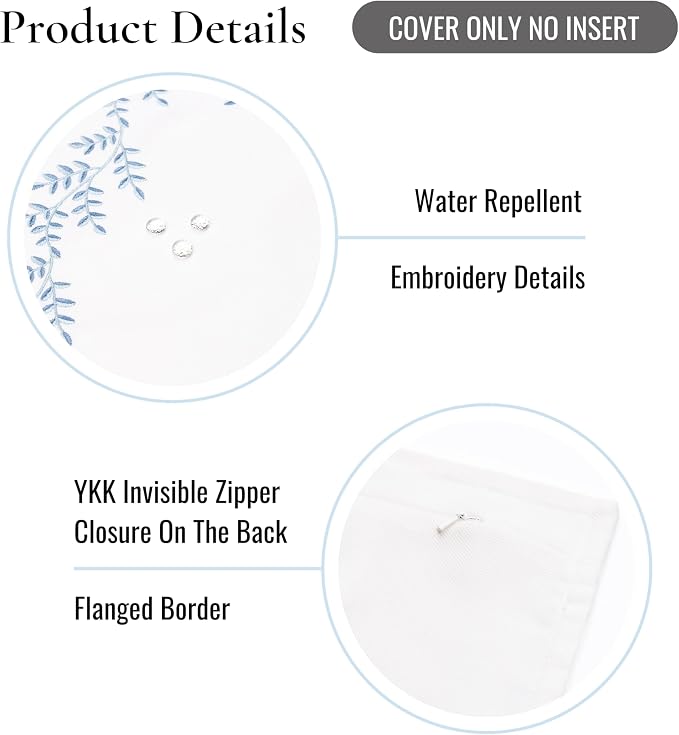 Hofdeco Premium Grandmillennial Coastal Hampton Patio Indoor Outdoor Throw Pillow Cover Only, 20"x20" Water Repellent for Backyard, Couch, Poolside, Baby Blue Embroidered Leaves Frame