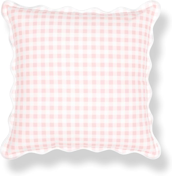 Hofdeco Premium Grandmillennial Patio Indoor Outdoor Throw Pillow Cover Only, 20"x20" Water Repellent for Backyard, Couch, Poolside, Blush Pink Print Gingham