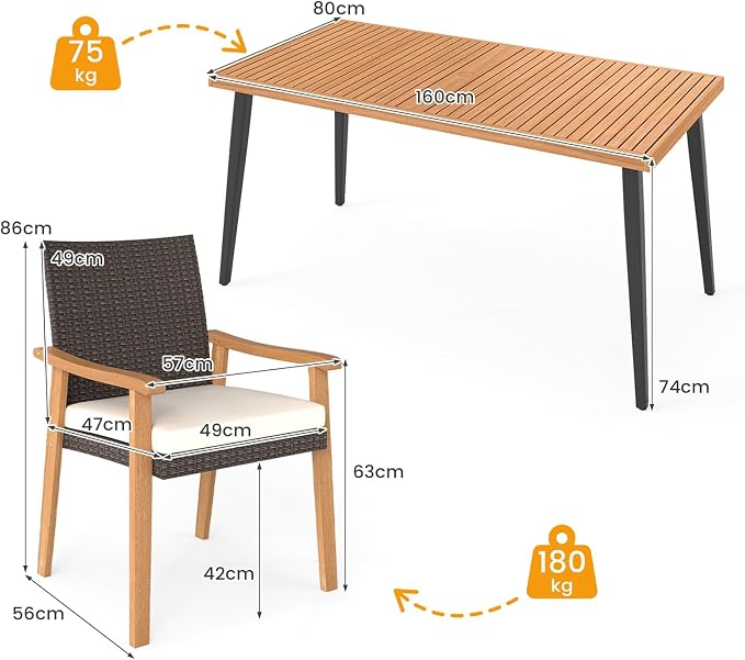 Tangkula 7 Pieces Patio Dining Table Set, Outdoor Rectangular Acacia Wood Table with 1.97” Umbrella Hole & 6 Cushioned Armchairs, for Garden, Deck, Yard