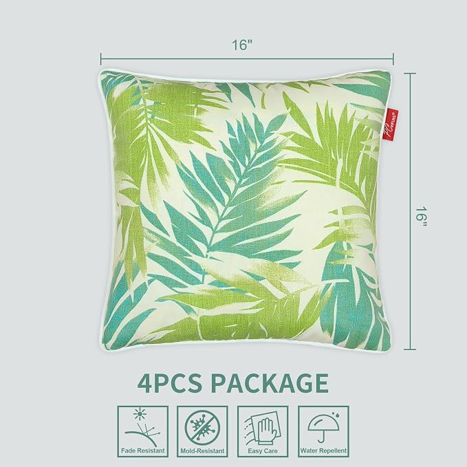 Pack of 4 Outdoor Throw Pillows,16x16 Inch All-Weather Water-Resistant Patio Pillows with Inserts,Decorative Pillows for Patio Furniture,Couch,Sofa,Poolside,Green Leaf