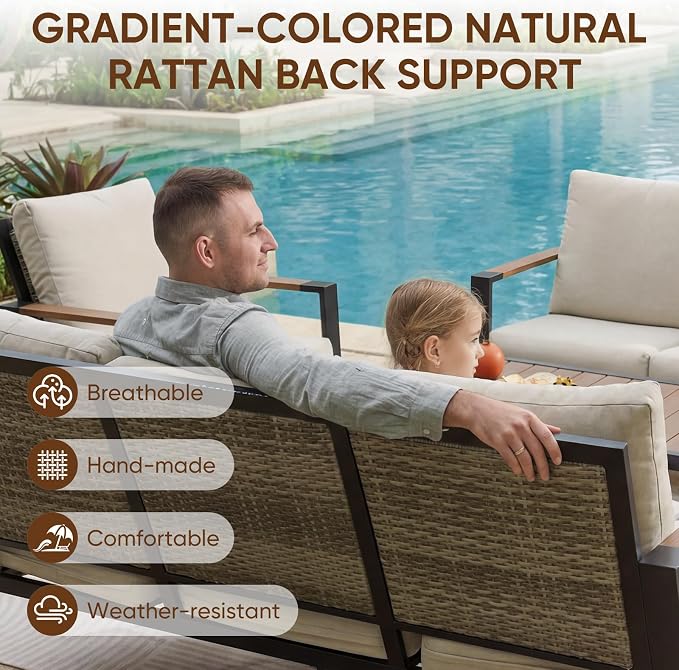 NATURAL EXPRESSIONS 4 Piece Patio Furniture Set, Outdoor Sectional Conversation Set with Handwoven Wicker Back & Fauxwood Tabletop, 3" Wide Arm with 6" Cushion, Metal Outdoor Couch for Porch, Yard
