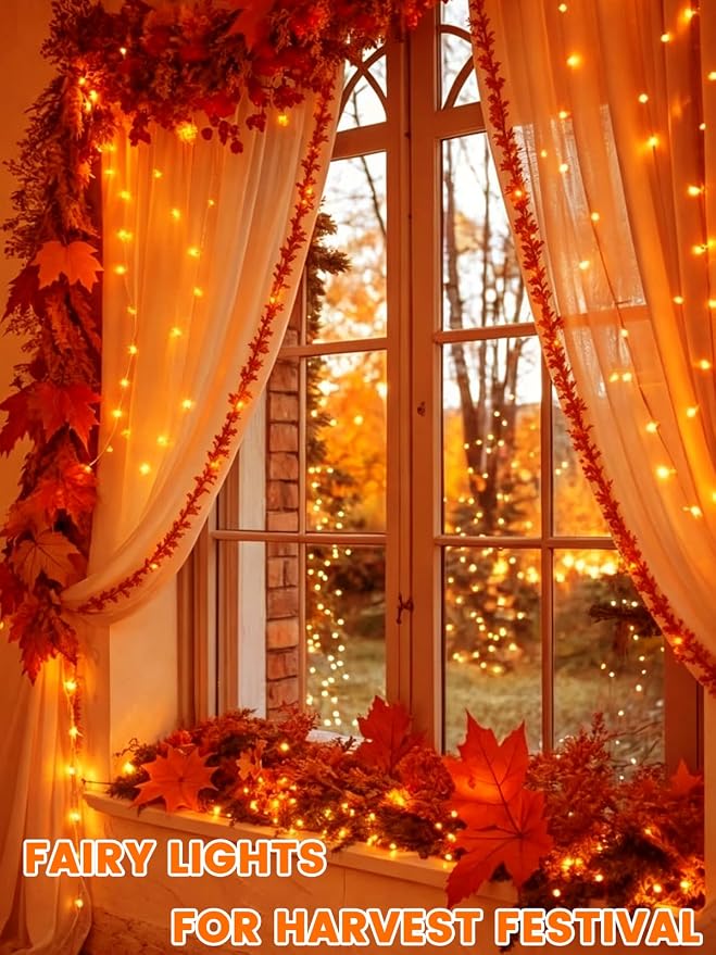 4 Pack 60 LED Fairy Lights Battery Operated with Timer, Fall Lights Orange | 20 FT , Cuttable, Waterproof Battery Fall String Lights for Thanksgiving Indoor Outdoor, Bedroom, DIY, Halloween Decorations