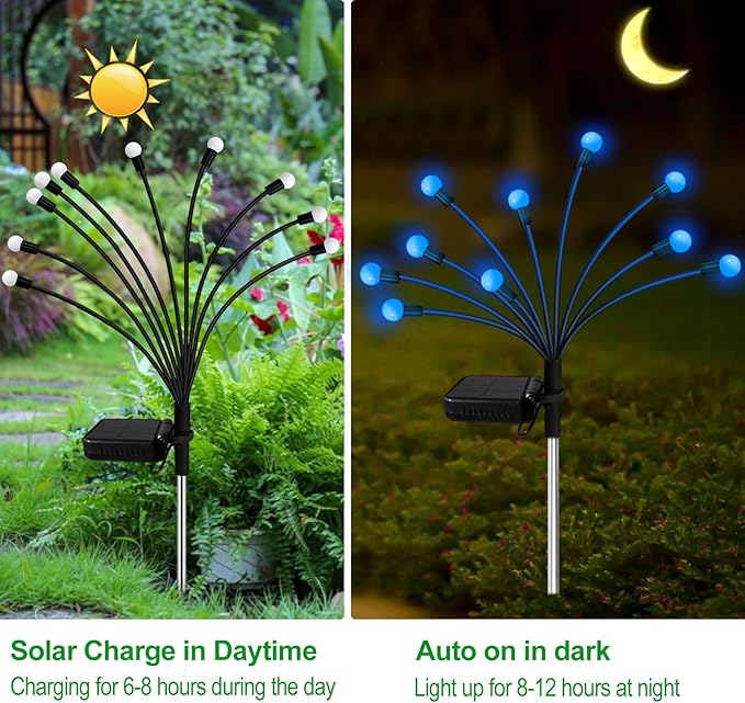 Kohlrabi Solar Garden Lights Outdoor, 6 Pack 48 LED Blue Firefly Lights Waterproof, Sway by Wind, Solar Wind Swaying Light for Yard Patio Backyard Garden Planter Flower Bed Pathway Decoration