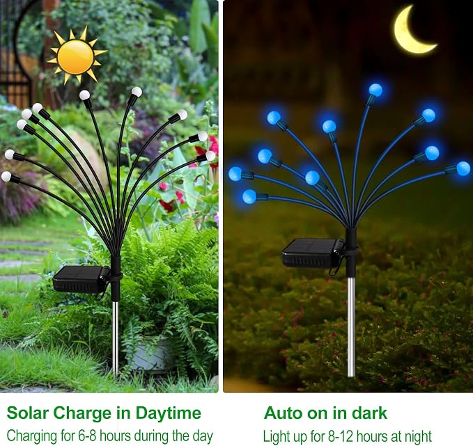 Kohlrabi Solar Garden Lights Outdoor, 4 Pack 32 LED Solar Blue Firefly Lights Waterproof, Starburst Wind Swaying Light for Outside Yard Patio Planter Flower Bed Walkway Christmas Decoration
