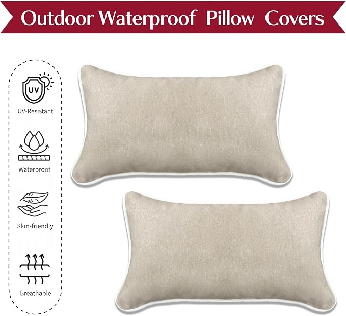 HER HWA Outdoor Lumbar Pillow Covers White Piping 20"x12" Set of 2, Khaki | durable fade-resistant water-resistant 100% polyester white piping smooth zipper machine washable for indoor outdoor décor