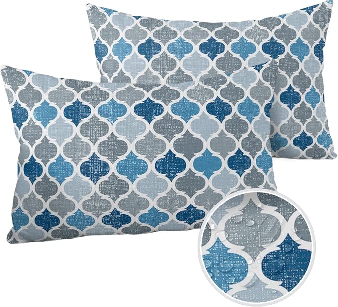 Morocco Outdoor Pillow Shams Set of 2, Decorative Pillowcases Cushion Case, Soft Throw Pillow Covers Waterproof Pillow Case 20x12 Inch, Blue Grey Geometry Retro