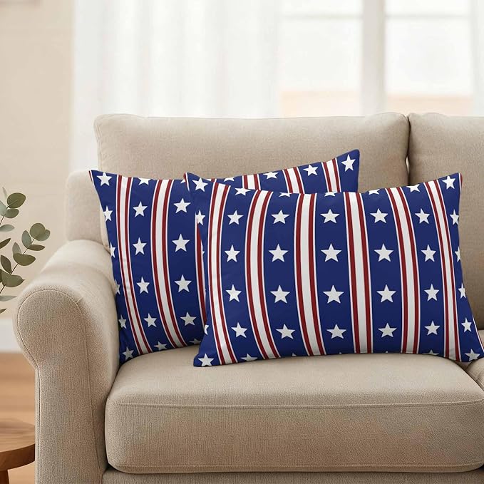 Blue Red Outdoor Pillow Covers 20"x12" Set of 2, Waterproof Throw Pillow Covers for Patio Furniture, Stripes Patirotic Star Independence Day Decorative Cushion Covers for Porch