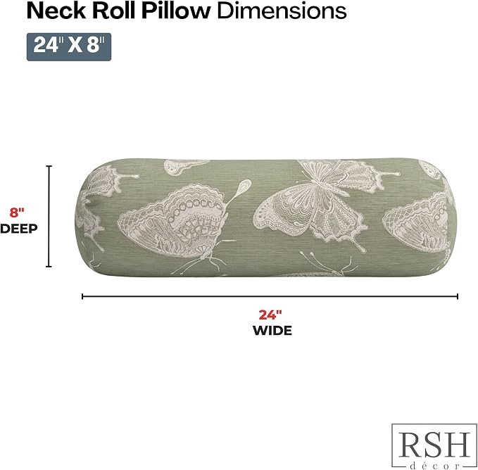 RSH DECOR: Sunbrella Neck Roll Pillows Set of 2 | 24” x 8” | Outdoor Bolster for Patio, Deck, Porch, or Poolside Chairs | Fade & Water-Resistant | Made in USA (Farfalla Spring)