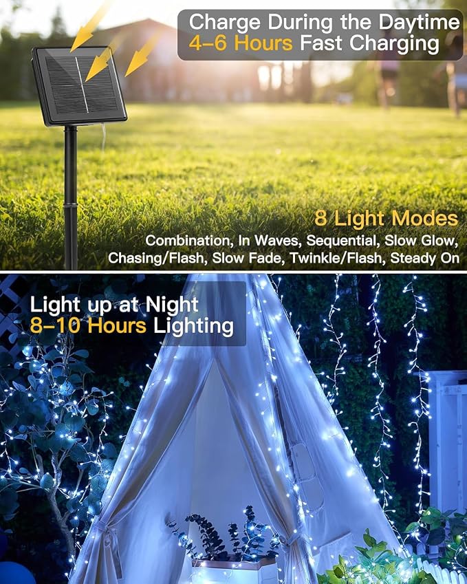 120 LED Solar Fairy Lights Outdoor Waterproof IP65, 10FT 8 Lighting Modes | Solar Christmas Lights Outdoor Waterproof Cascading Twinkle Lights Balcony Garland Patio Christmas Decorations, Cool White