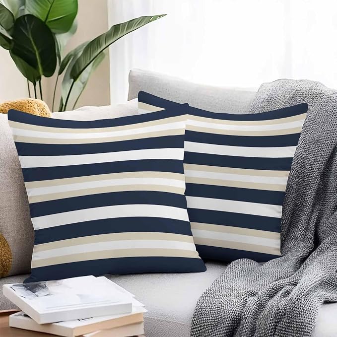 Khaki Navy Blue Striped Outdoor Pillow Covers Waterproof, All Weather Cushion Case Set of 2, Farmhouse Abstract Lines Art Decorative Pillowcases for Sofa Couch Bed Decor Patio Furniture 18"x18"