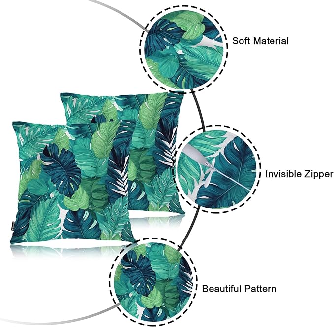 Swono Palm Leaves Bed Pillow Covers, Tropical Beach Turquoise Green Palms Decorative Throw Pillow Cover Cushion Case for Sofa Bed Living Room Farmhouse Decorations, 18"X18" 2 Pieces Pillowcases