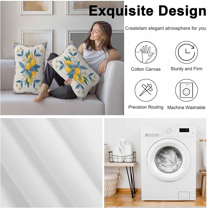 Lumbar Pillow Covers 20x12 Inch Set of 2, Yellow Blue Lemon Waterproof Outdoor Cushion Covers, Summer Botanical Farmhouse Decorative Pillowcases for Couch, Sofa, Bed, Garden, Patio