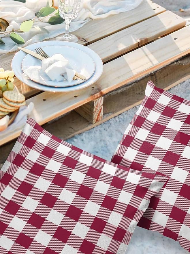 Outdoor Waterproof Throw Pillow Covers Set of 2 Wine Red Buffalo Check Plaid Pillowcases 24x24 Inches Farmhouse Style Patio Decorative Pillows Cushion Case Patio Pillows for Couch Bed Chair Garden
