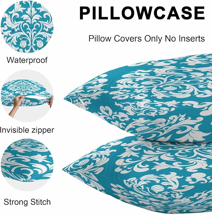 Outdoor Waterproof Pillow Covers for Patio Vintage Floral Teal Decorative Throw Pillow Cover Rustic Pillowcases Set of 2 Cushion Case for Sofa Couch Chair 18x18 Inch