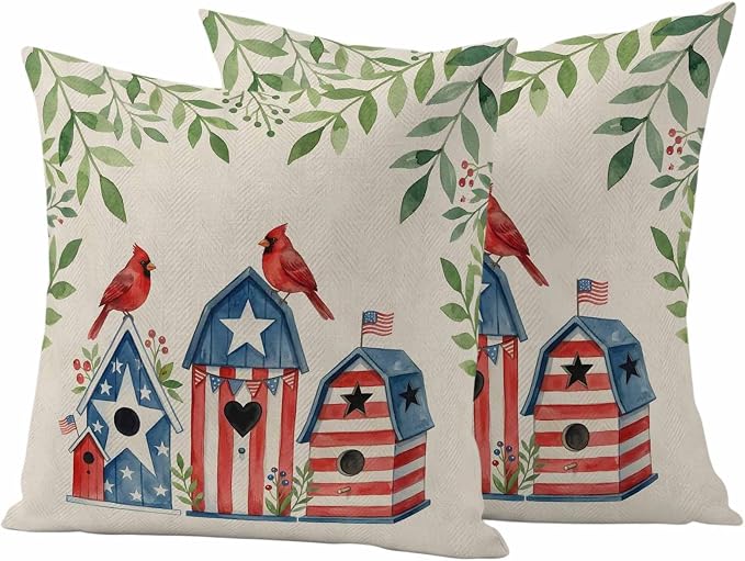American Flag Bird House Outdoor Pillow Covers Waterproof, All Weather Cushion Case Set of 2, Green Eucalyptus Beige 250th Decorative Pillowcases for Sofa Couch Bed Decor Patio Furniture 16"x16"