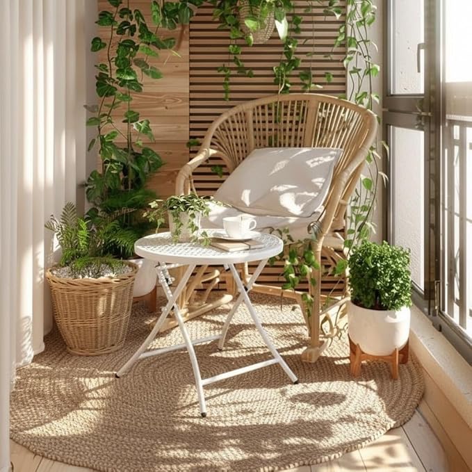 TeoKJ Folding Outdoor Side Tables, Anti Rust Small Patio Table Round Metal Nightstand with Flower Cutouts for Porch Yard Balcony Deck Lawn, White