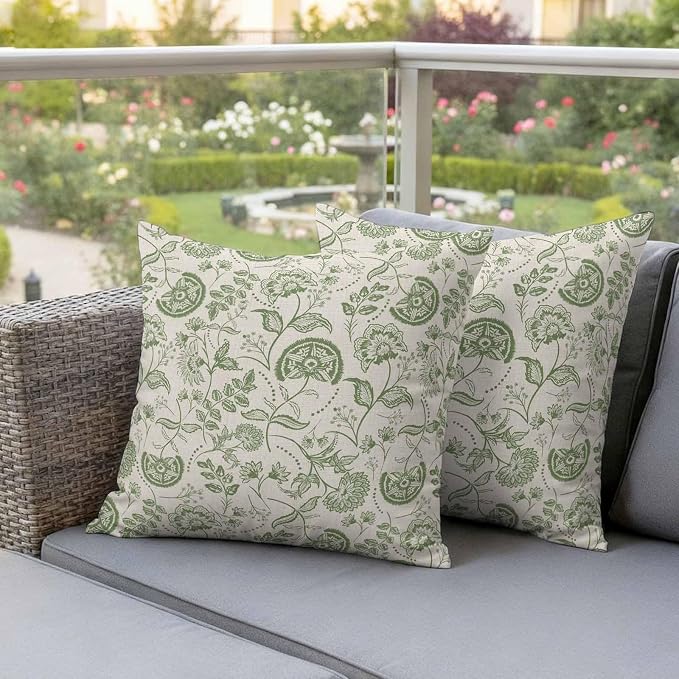 Outdoor Pillow Covers 26x26 Set of 2, Sage Green Spring Floral Waterproof Patio Throw Pillow Covers for Couch Sofa Chair, Retro Summer Botanical Farmhouse Decorative Pillowcases for Throw Pillows