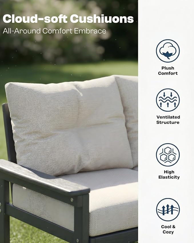 3 Piece HDPE Outdoor Patio Furniture Set, All-Weather 2 Armchairs with Side Table, Patio Conversation Set with Beige Washable Thick Cushion for Balcony, Porch (Grey Frame)