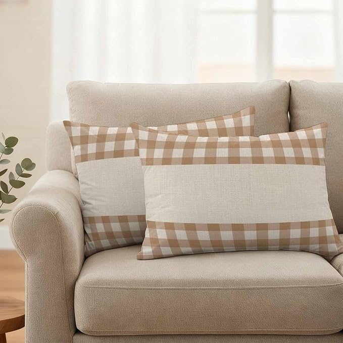Retro Brown Outdoor Waterproof Pillow Covers, Farmhouse Buffalo Plaid Vintage Beige Decorative Rectangle Throw Pillowcase Sofa Cushion Sham for Patio/Couch/Chair, 20"x12" 2 Pack