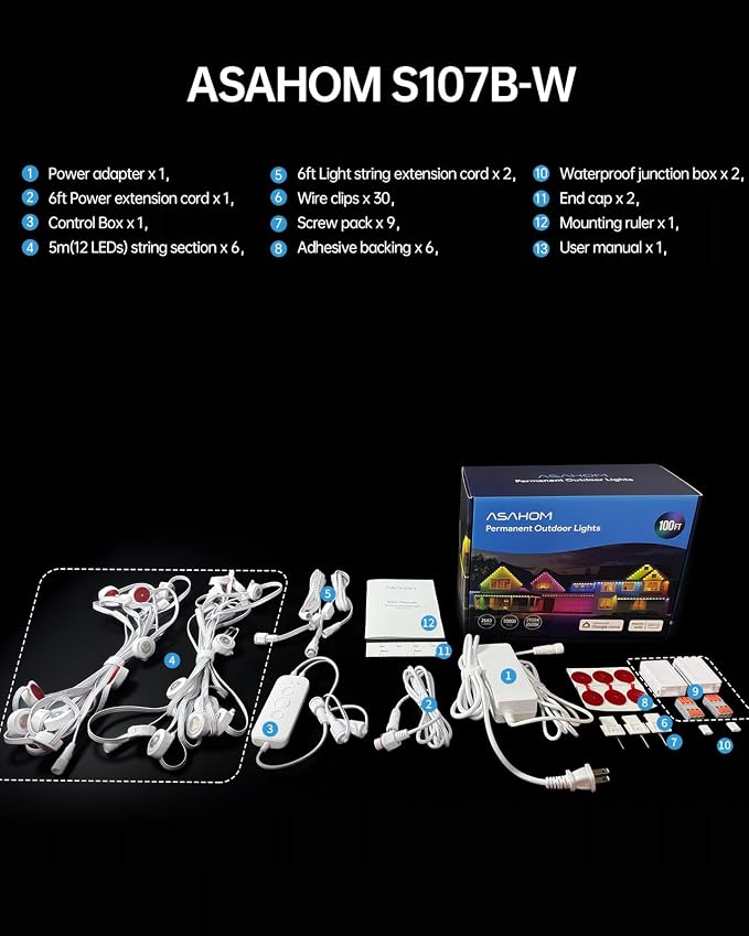 ASAHOM Permanent Outdoor Lights, 72 RGBCW LEDs, AI Lighting, 30,000 Effects | Dual Output, Extend to 800FT, IP67 Waterproof, Voice Control, for Halloween Christmas and Daily Lighting, 100FT, White, S107B