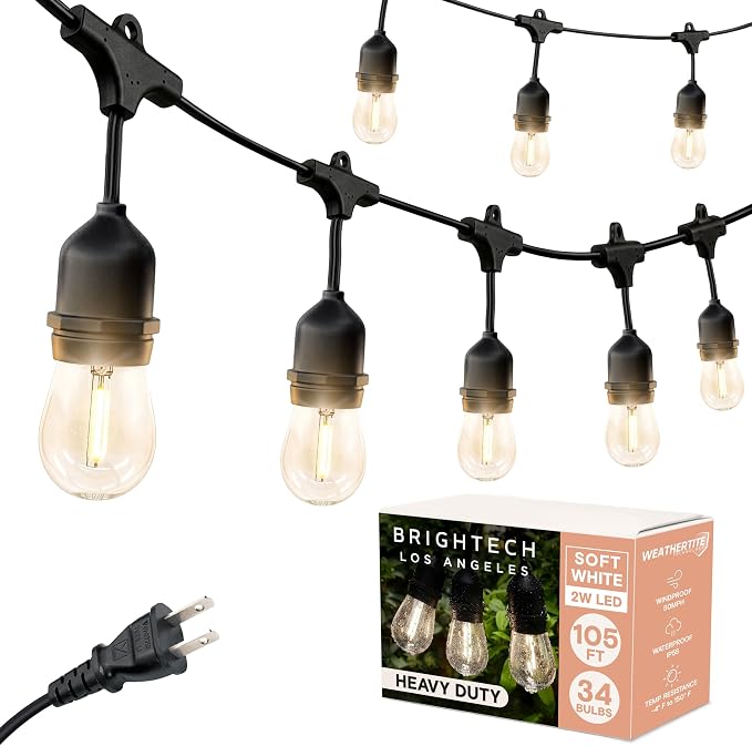 Brightech Ambience Pro 105Ft LED String Lights - 2W Commercial Grade Patio Lighting Outdoor Waterproof - Heavy Duty Dimmable Vintage Edison Porch Lights for Outside, Backyard - 34 Bulbs, Soft White