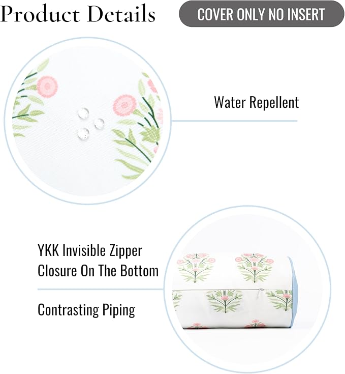 Hofdeco Premium Coastal Grandmillennial Patio Indoor Outdoor Bolster Pillow Cover Only, 6"x20" Water Repellent for Backyard, Couch, Poolside, Pink Green Print Flower