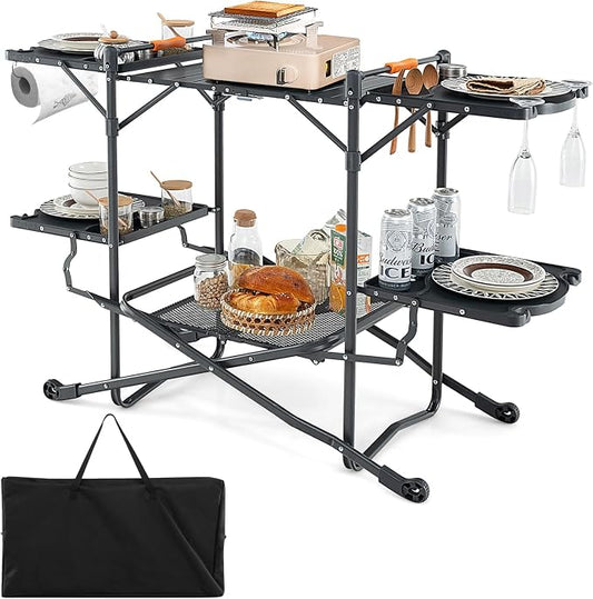 Goplus Camping Kitchen Table Station, Outdoor Portable Grill Table with Aluminum Tabletop, 4 Side Tables, Storage Rack, Folding Cooking Table for Outside Picnic BBQ RV Garden Patio Dining