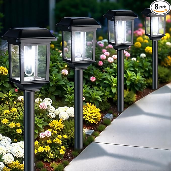 Mancra Solar Outdoor Lights Waterproof, 8 Pack Metal Glass Solar Pathway Lights Outdoor Lighting Garden Decor for Landscape Path Yard Patio Driveway (Cool White)